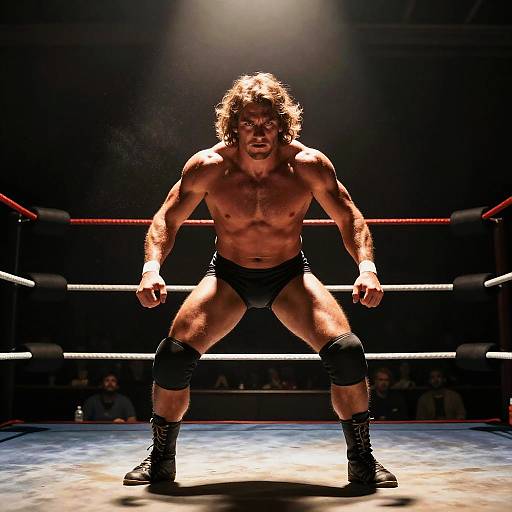 Photograph of muscular, shirtless wrestler with long, messy brown hair, black trunks, knee pads, and boots, standing powerfully in a