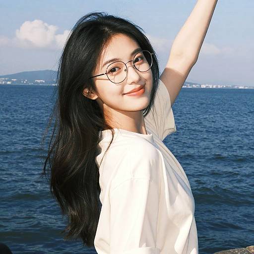Asian woman with long black hair, round glasses, white shirt, smiling, arm raised, standing by a blue ocean, clear sky, distant cityscape