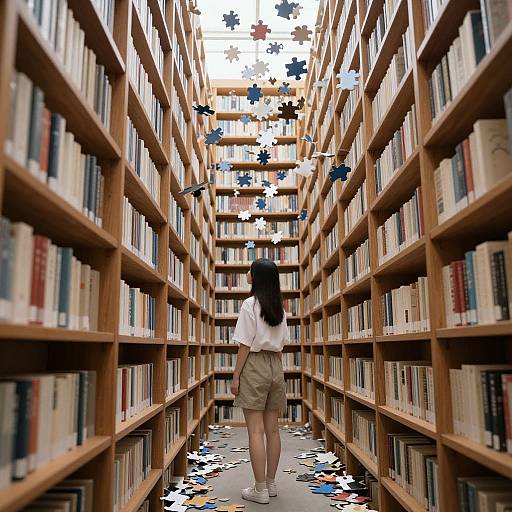 Photograph of a woman with long black hair, wearing a white shirt and beige shorts, standing in a library aisle with wooden bookshelves and falling