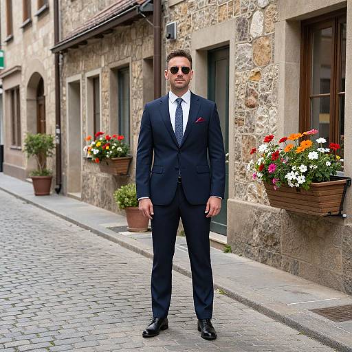 Photograph of a tall, bearded man in a black suit, white shirt, and tie, wearing sunglasses, standing on a cobblestone street