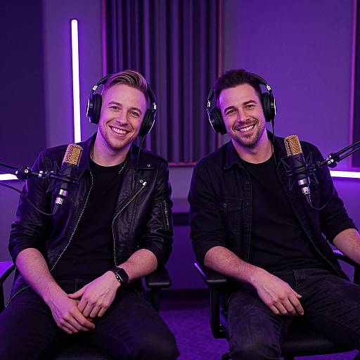 Photograph of two smiling, bearded men in black leather jackets and headphones, seated on chairs against a purple-lit background.