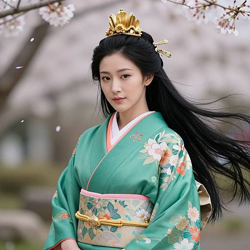 Photograph of an East Asian woman in a green floral kimono with a gold hairpiece, standing outdoors under blooming cherry blossoms.