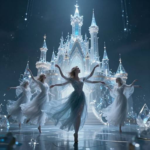 Photograph of four ballerinas in flowing white dresses, performing a graceful dance in front of a glowing, ethereal ice castle backdrop.