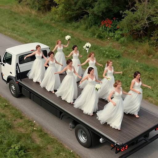 Aerial photo of seven bridesmaids in white dresses holding bouquets, standing on flatbed truck trailer, driving down rural road.