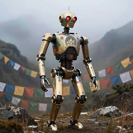 Tibetan Thangka Droid in Misty Mountains