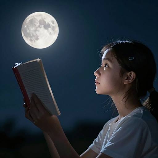Photograph of a young woman with dark hair in a ponytail, wearing a white shirt, gazing at a bright full moon while reading a book