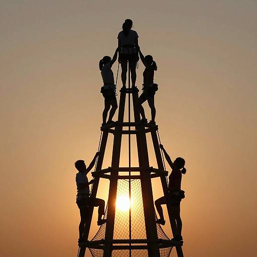 Silhouetted Group Climbing Wooden Structure at Sunset