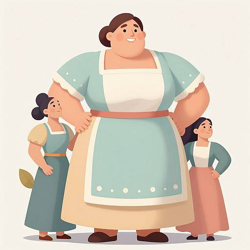 Cartoon illustration of a large, smiling, fair-skinned woman in a blue dress and white apron, flanked by two smaller, fair-sk