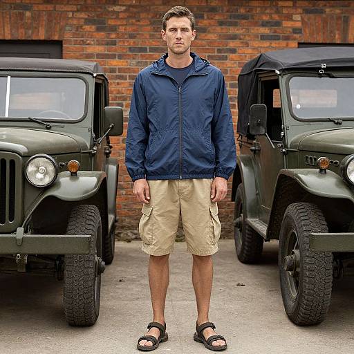 Photograph of a tall, Caucasian man with short brown hair, wearing a blue jacket, beige shorts, and black sandals, standing between two green military