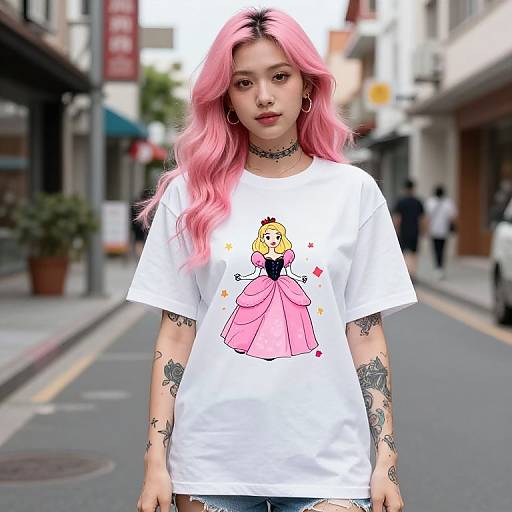 Photograph of a young woman with pink hair, tattoos, white tee with cartoon princess graphic, black choker, standing on urban street.