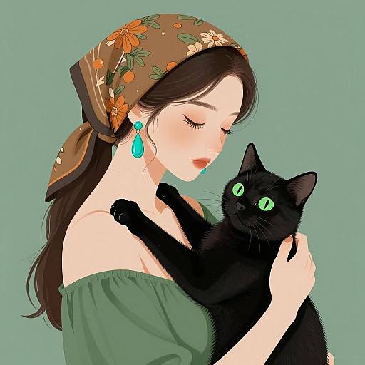 Woman Holding Black Cat Illustration