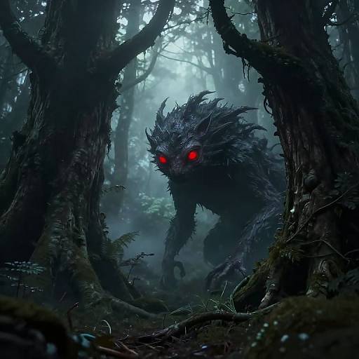 Digital artwork of a menacing, dark-furred, wolf-like creature with glowing red eyes lurking in a foggy, dense forest, framed by twisted,