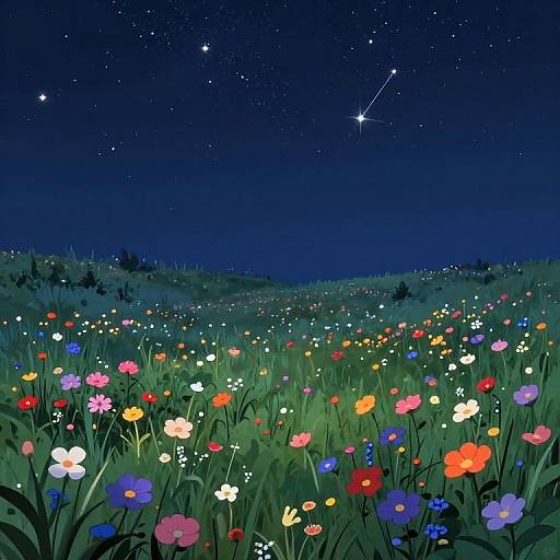 Nighttime field of colorful flowers under a starry sky with a visible constellation, depicted in a digital illustration style.
