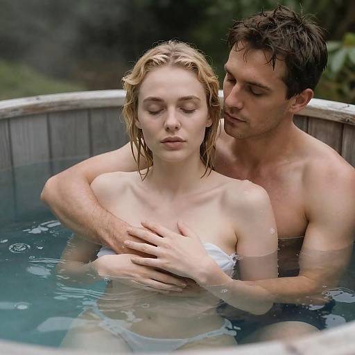 Intimate Couple in a Wooden Hot Tub