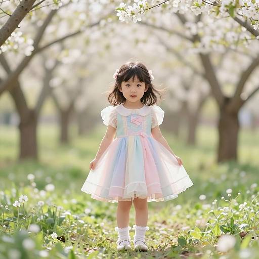 Petite Girl in Pastel Spring Garden
