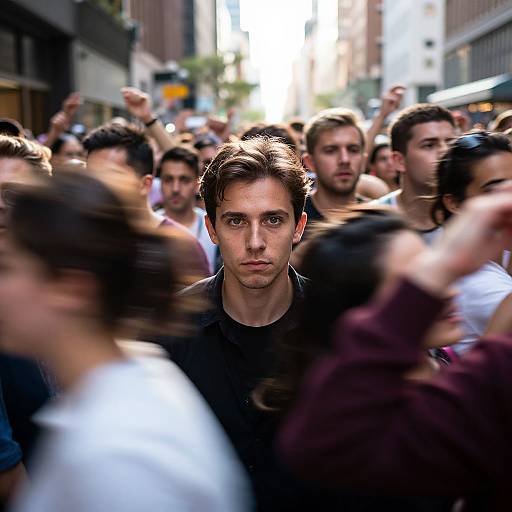 Photograph of a crowded street protest, central focus on a serious-looking, brown-haired man with blue eyes, surrounded by blurred, raised arms and diverse
