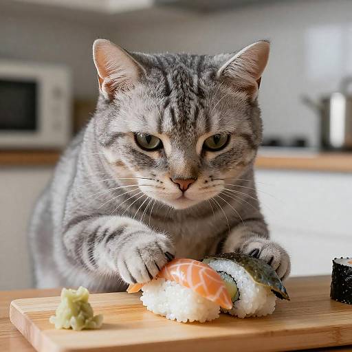 Grey Tabby Cat Preparing Sushi