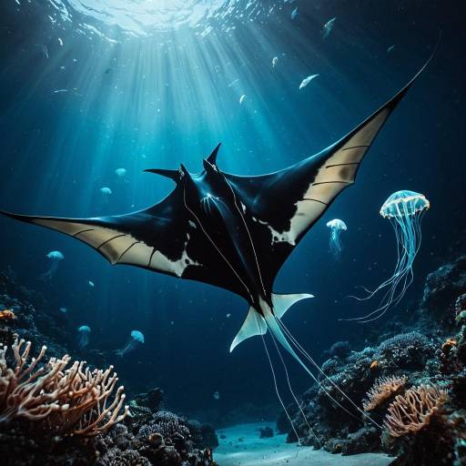 Manta Ray and Bioluminescent Jellyfish Scene