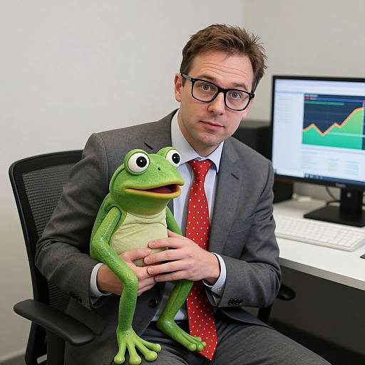Photograph of a bespectacled man in a gray suit and red polka-dot tie, holding a green frog puppet, seated in an office