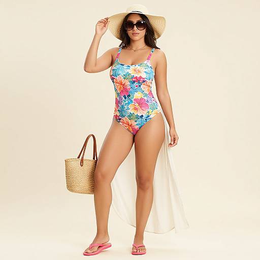 Photograph of a curvy woman in a colorful floral one-piece swimsuit, straw hat, sunglasses, pink sandals, and woven bag, standing against