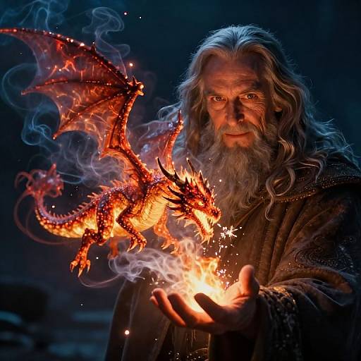 Photorealistic digital artwork of a wizard with long gray beard and hair, holding a fiery, red dragon in his glowing hand. Dark, smoky
