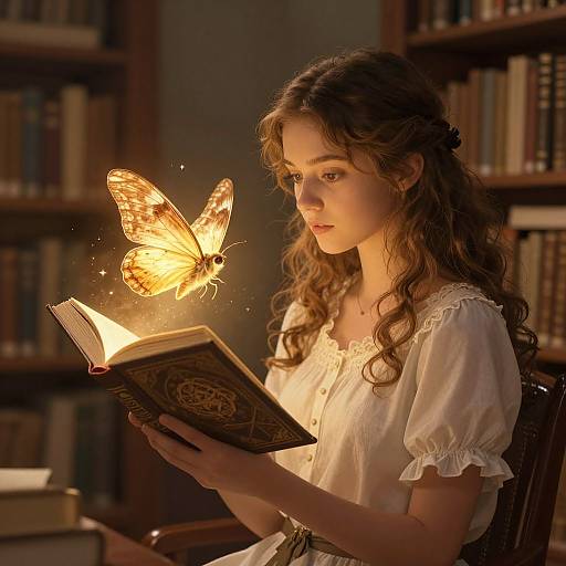 Photograph of a young woman with long curly brown hair, wearing a white puffed-sleeve dress, reading an illuminated book with a glowing butterfly
