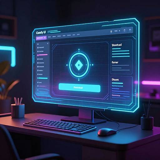 Neon-lit computer monitor displaying a cyberpunk-style interface with glowing blue and purple hues, featuring a central diamond icon and menu options. Modern,