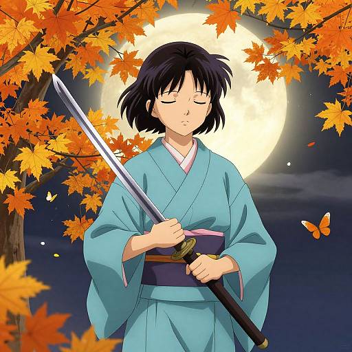 Anime-style illustration of a young woman in a blue kimono holding a sword, standing under an autumn tree with a full moon and butterflies in the dark
