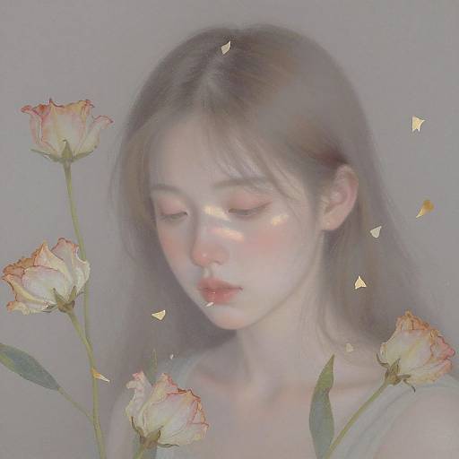 Digital painting of a pale-skinned, brunette woman with closed eyes, surrounded by soft, pastel roses and floating triangles, set against a light gray