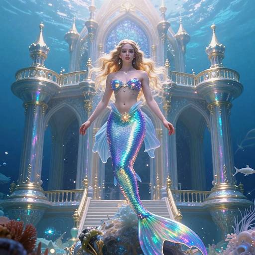 Digital artwork of a shimmering mermaid with long blonde hair, iridescent scales, and a starfish bikini top, standing in front of an
