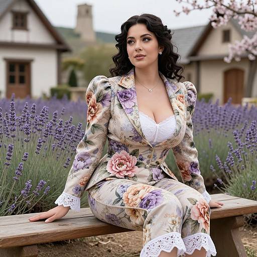 Photorealistic image of a curvy woman with dark curly hair, wearing a floral suit, sitting on a wooden bench in a lavender garden. Background