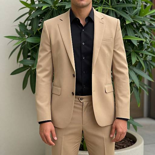 Photograph of a man in a tan suit with black shirt, standing in front of a green potted plant.