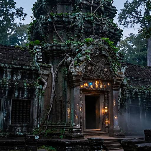 Photograph of a moss-covered, ancient stone temple with intricate carvings, glowing yellow-orange lights, and vines, set in a dense, mist