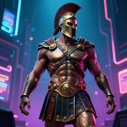 CGI image of a muscular, dark-skinned, ancient Greek-style warrior in gold armor and black skirt, standing in a neon-lit futuristic city