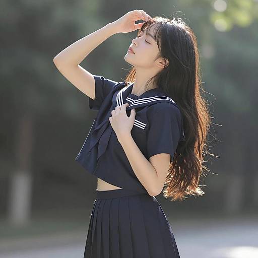 Elegant Asian Schoolgirl in Sunlit Nature