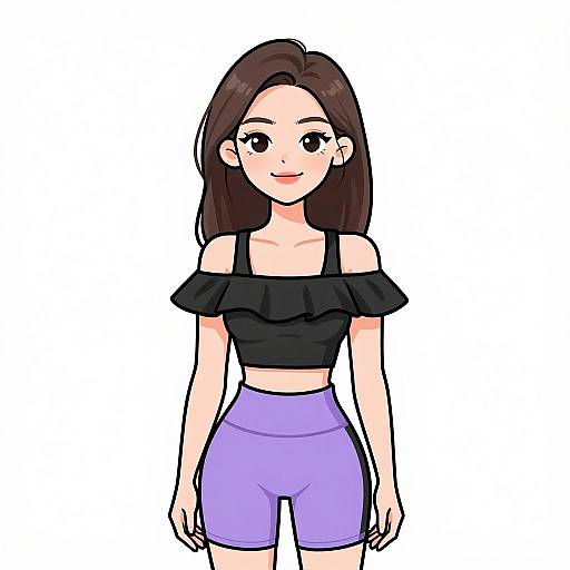 Digital anime-style drawing of a young woman with long brown hair, black off-shoulder top, and lavender shorts, smiling with white background.