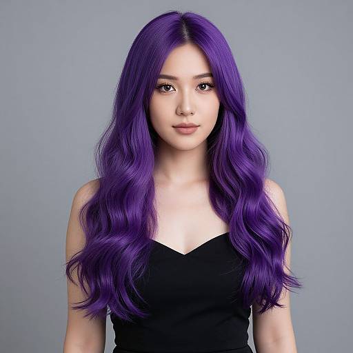 Photograph of an Asian woman with long, wavy, vibrant purple hair wearing a black, V-neck top against a plain, light blue background.