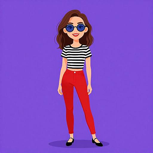 Digital illustration of a smiling woman with wavy brown hair, blue sunglasses, black-and-white striped crop top, red high-waisted pants, and