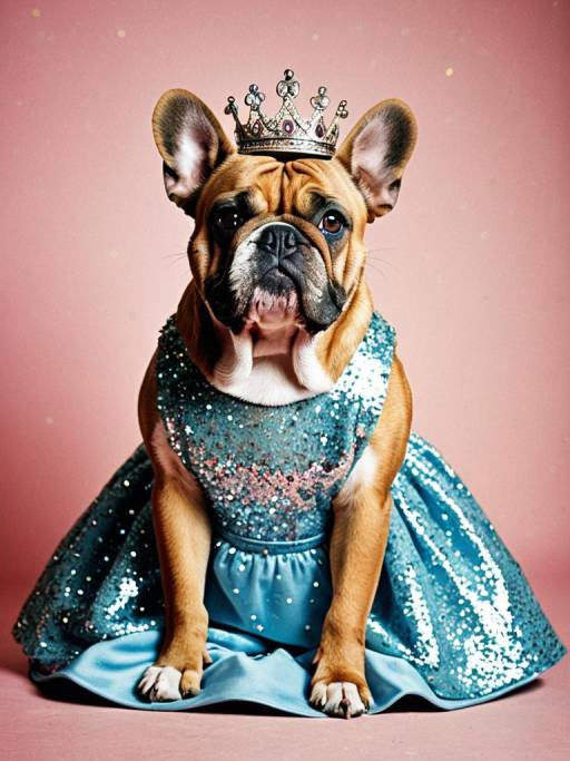 Bulldog in Sparkling Blue Dress with Crown
