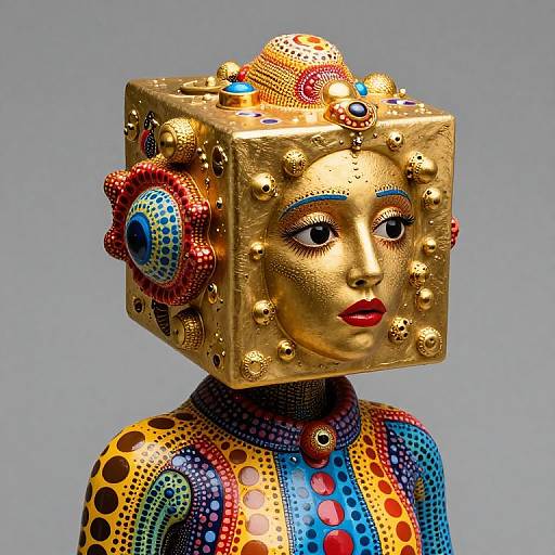 Photograph of a colorful, abstract sculpture: gold square headpiece with eyes, red lips, and intricate patterns, adorned with beads and colorful dots on
