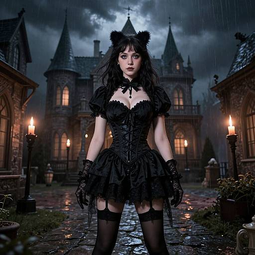 Gothic-themed photograph of a pale-skinned woman with black cat ears, dark lace dress, and gloves, standing in a rainy, candlelit