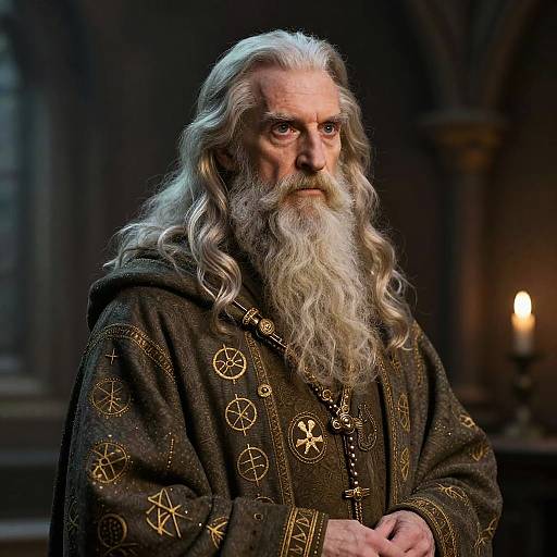 Photograph of an elderly, white-haired wizard with a long beard, wearing a dark, intricately embroidered robe, standing in a dimly lit,