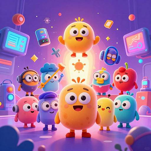 Vibrant digital artwork of cartoon, round, colorful characters with big eyes and small limbs, standing in a futuristic, neon-lit room with floating
