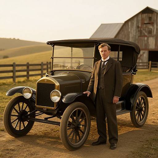 Photograph of a handsome man in a brown three-piece suit standing beside a vintage black car on a rural dirt road with a wooden barn and rolling hills