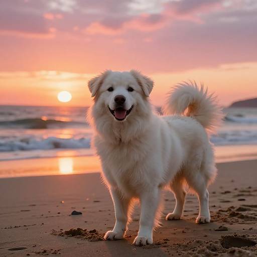 Photograph of a fluffy, white Golden Retriever standing on a sandy beach at sunset, with a pink and orange sky and sun reflecting on the
