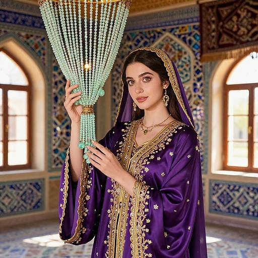 Photograph of a beautiful woman in a rich purple, gold-embroidered traditional dress, holding a beaded chandelier, standing in an orn