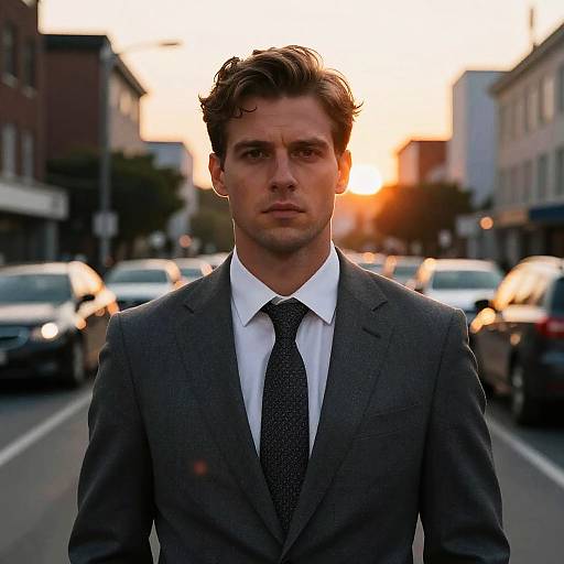 Photograph of a serious, handsome man in a gray suit, white shirt, and black tie, standing in a sunlit urban street with cars in