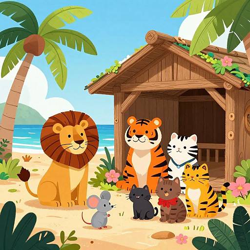 Colorful cartoon: Lion, three tigers, mouse, and two black cats by wooden hut on sunny beach with palm trees and ocean.
