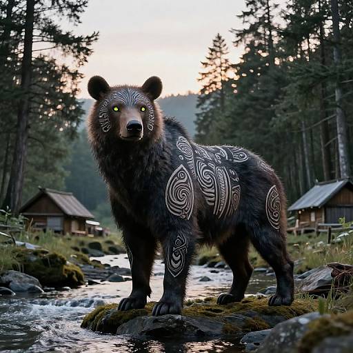 Digital art of a mystical black bear with glowing yellow eyes and intricate white tribal patterns, standing in a forest stream at sunset, with wooden cabins in the