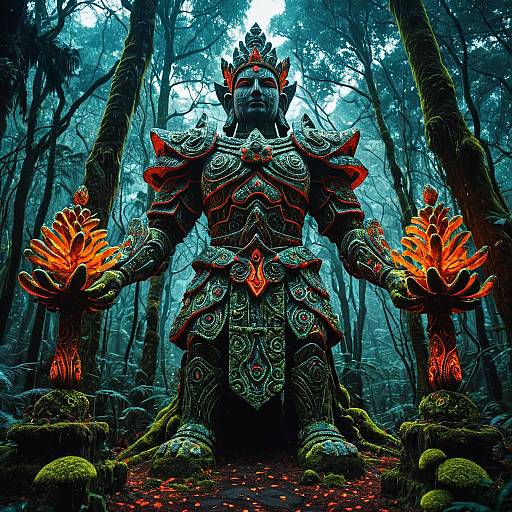 Four-Armed Stone Guardian Statue in Enchanted Jungle